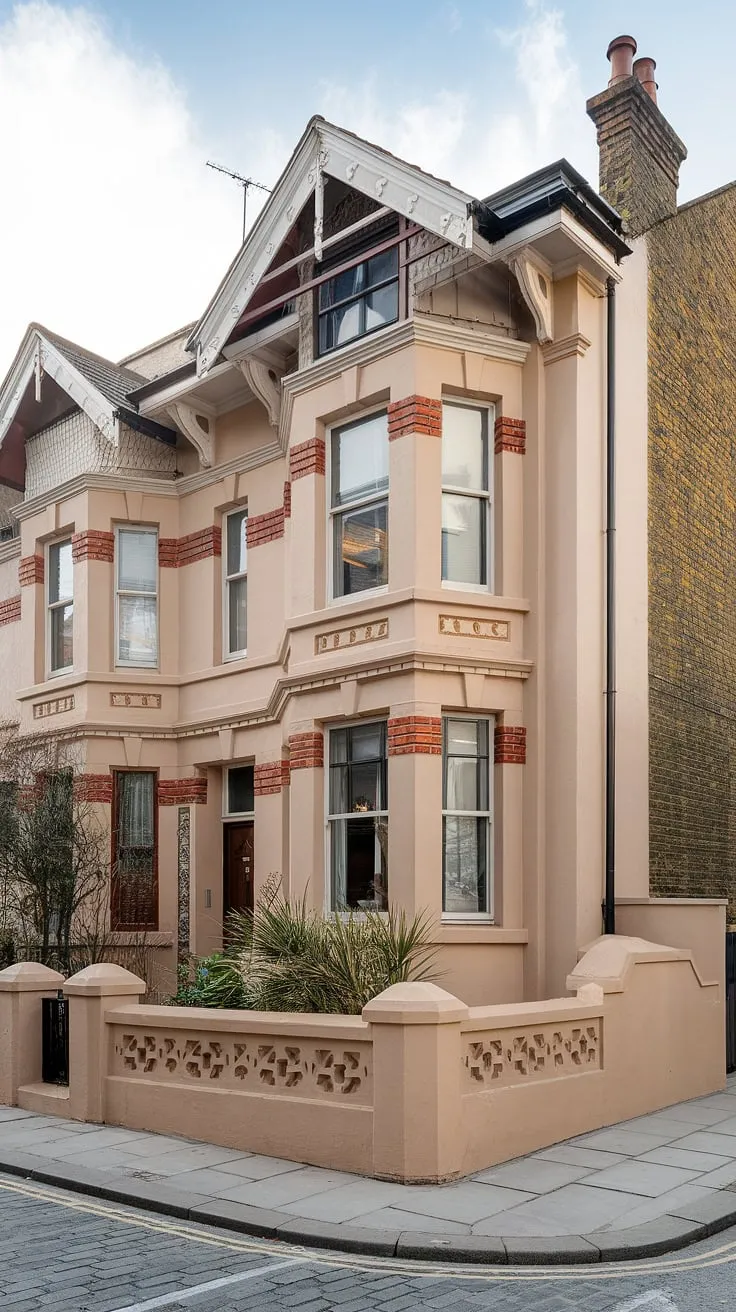 Elegant Victorian London architecture blends beige paint with red brick detailing and ornate patterns, creating a charming streetscape.