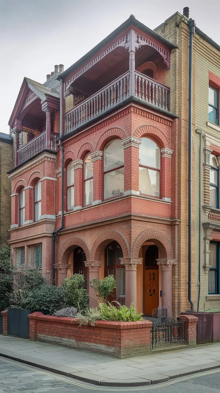 A London terraced house exudes Victorian charm with its red brick facade, ornate details, and flourishing plants.