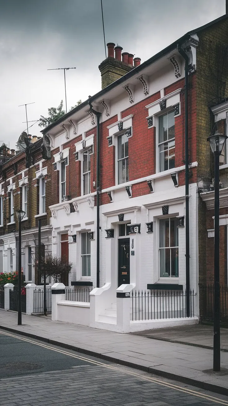 Elegant Victorian London terrace house, a picture of refined brick and black detailing against a grey sky