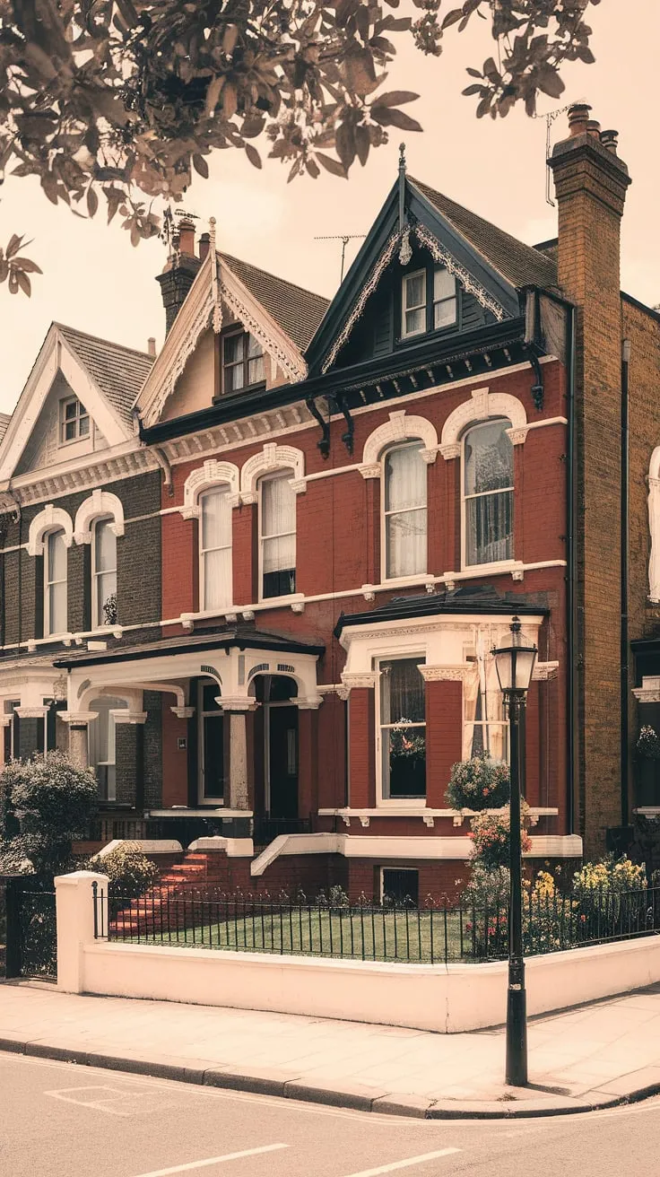 A charming London Victorian terrace house, with its red brick, ornate details, and meticulously kept garden, exudes classic elegance.