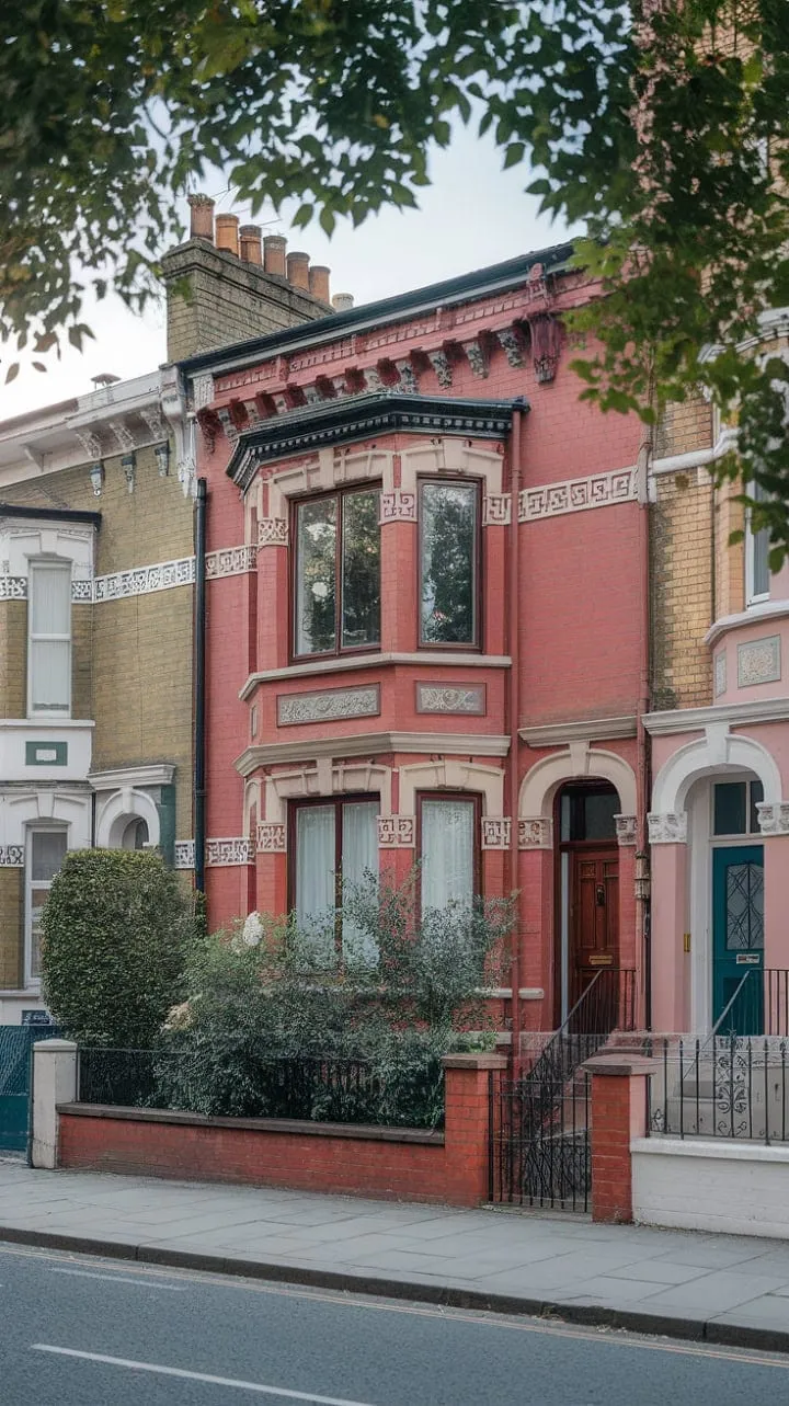 This enchanting Victorian terraced house, adorned in red brick and nestled in lush greenery, captures the essence of London's architectural elegance.
