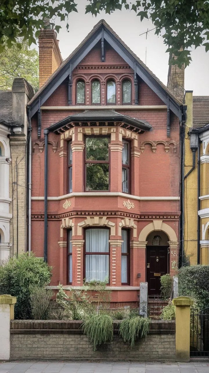 This quintessential Victorian terrace in London showcases a captivating blend of history and nature through its striking red brick façade and elegant bay windows.