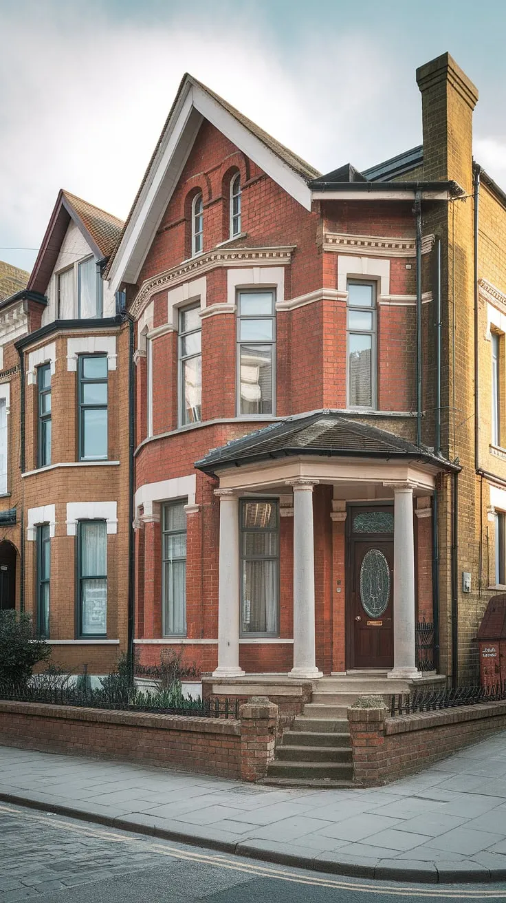 Elegant Victorian London architecture is showcased in a charming red brick terrace house with bay windows and a classic porch