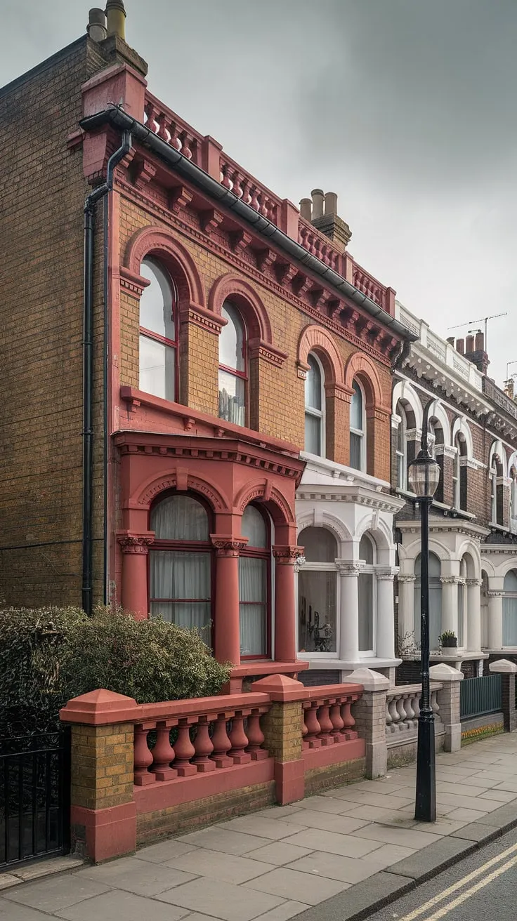 Elegant Victorian London terrace houses line a stone street under a grey sky