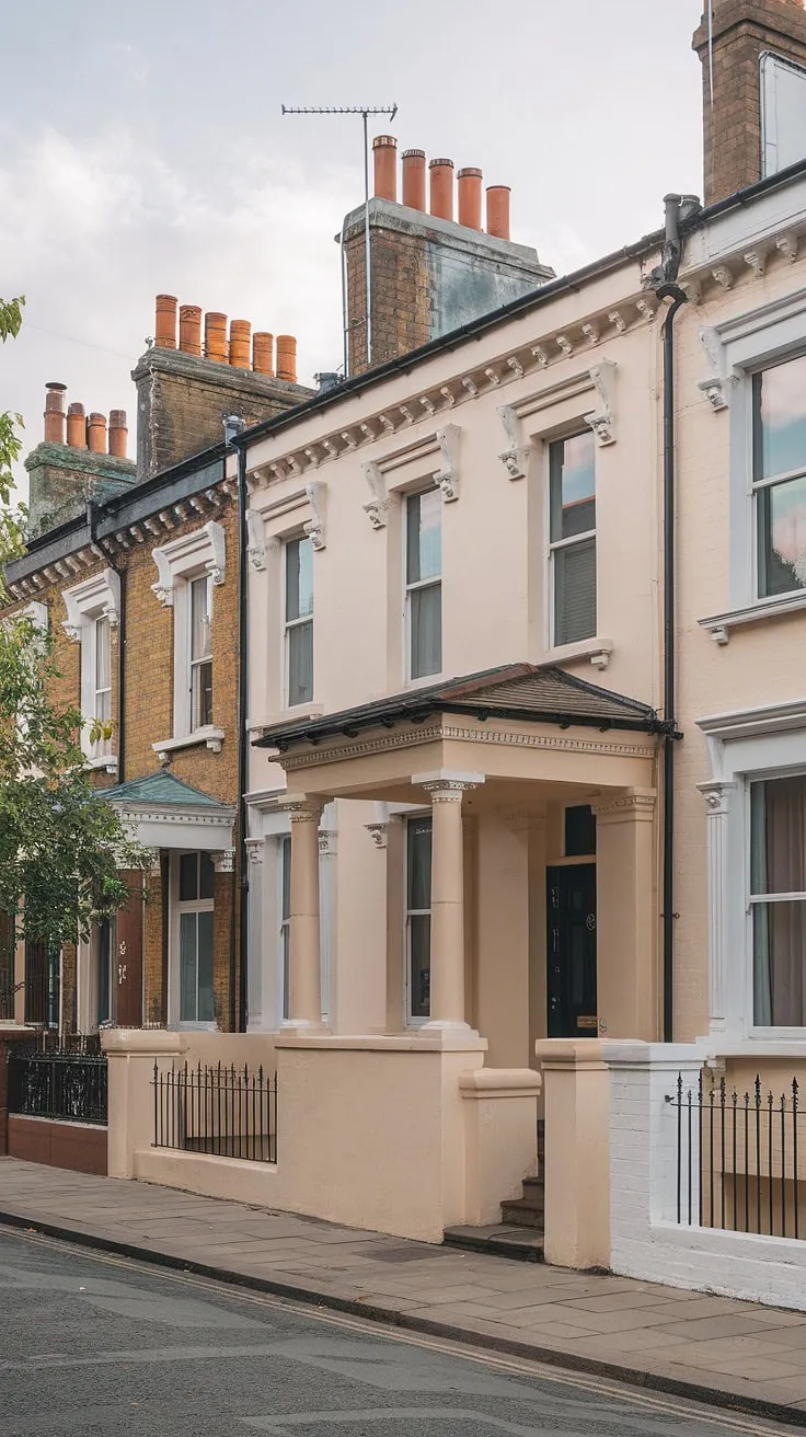Elegant Victorian London terrace houses line a cobbled street.