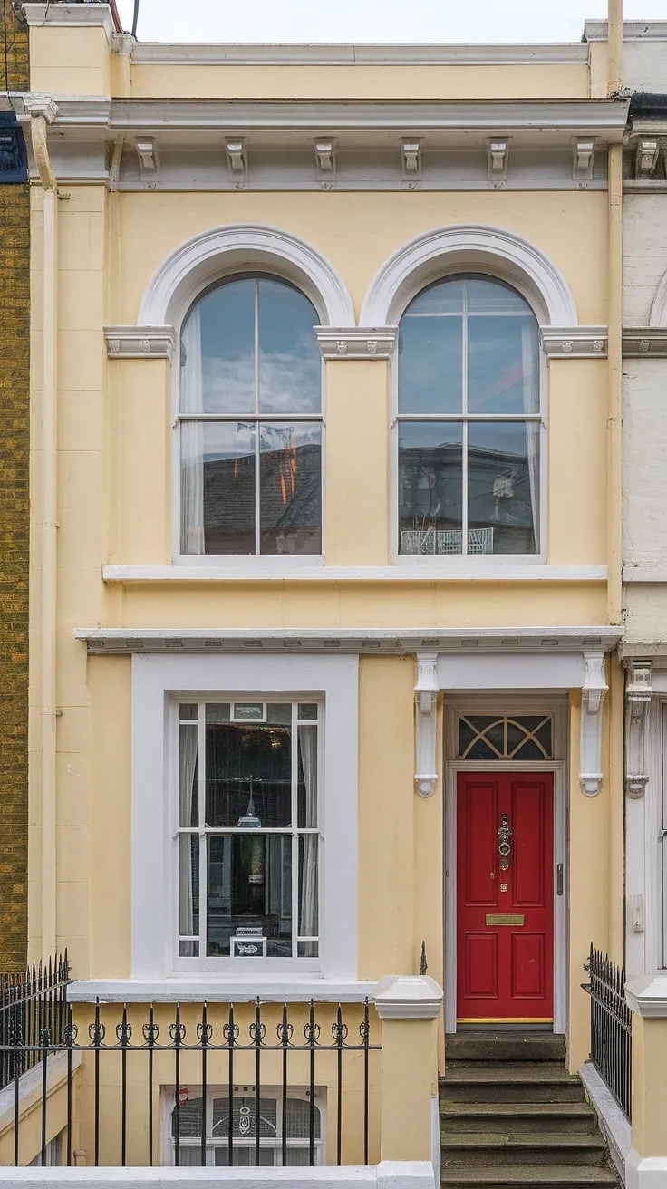 Elegant Victorian architecture is showcased in a London terraced house with a striking red door and arched windows