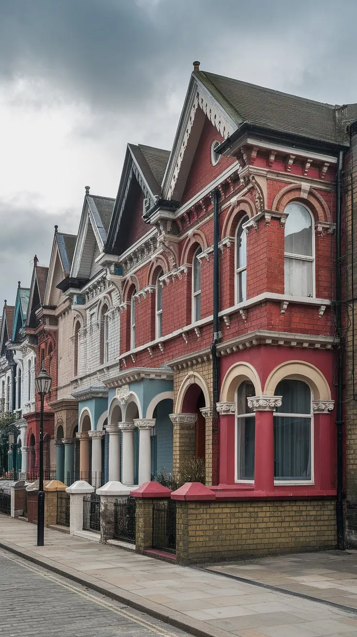 A picturesque row of colorful Victorian brick houses lines a cobbled London street.