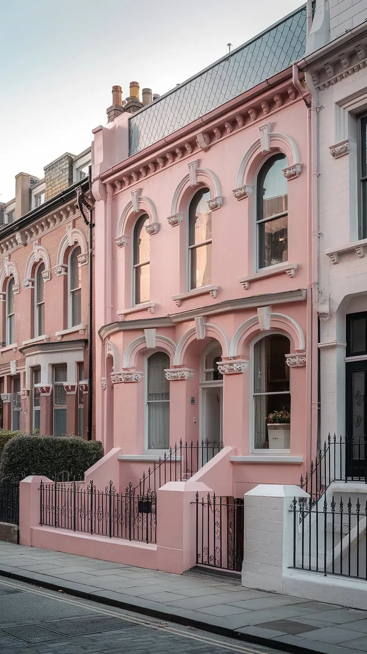 A pale pink Victorian terraced house in London, adorned with arched windows, intricate friezes, and fish-scale roofing, stands proudly amongst its cobbled street neighbors.
