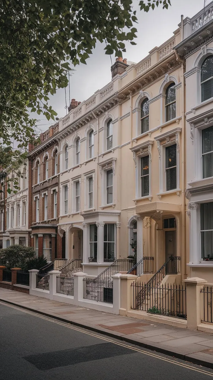 London's cream-colored Victorian terrace houses stand in quiet, tree-lined elegance under an overcast sky