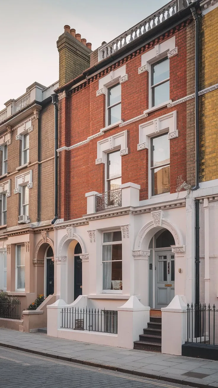 A charming London Victorian terrace house, its red brick and white paint accented by ornate details, stands proudly on a cobblestone street.