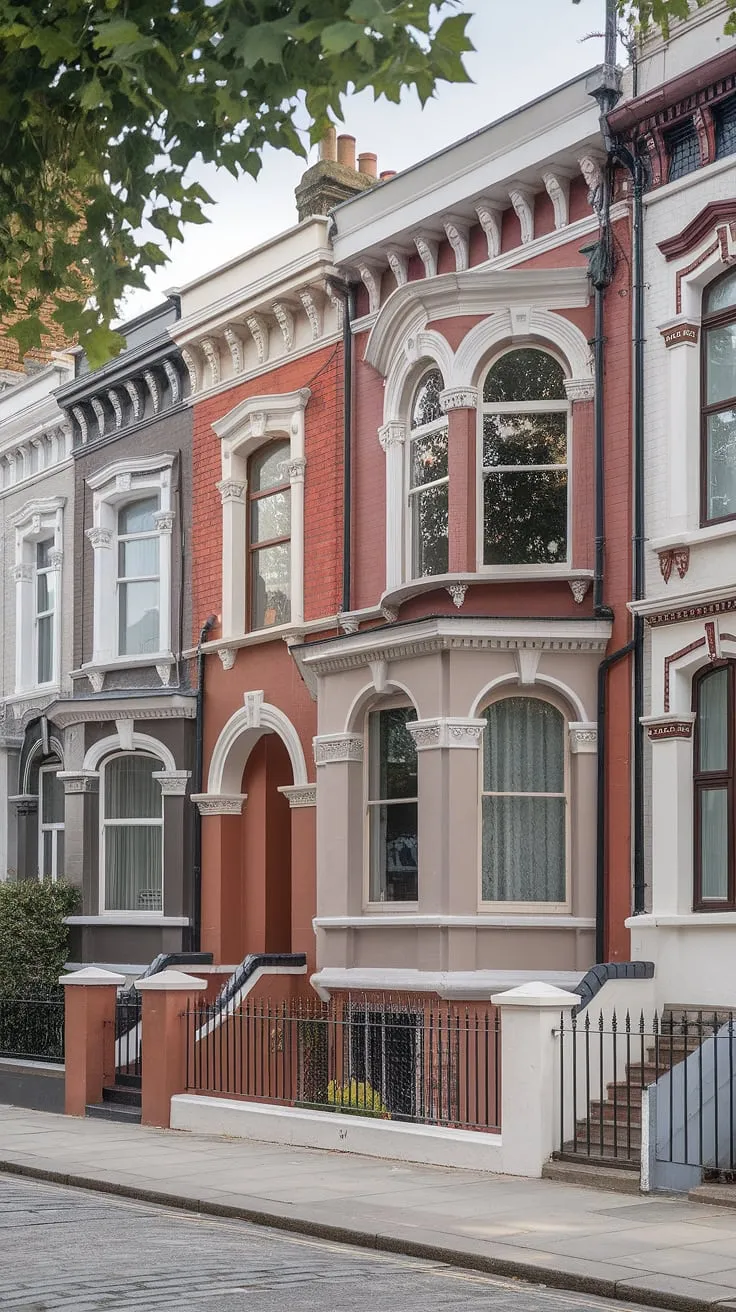 Elegant Victorian London architecture is showcased in a photo of a redbrick terrace house with ornate detailing