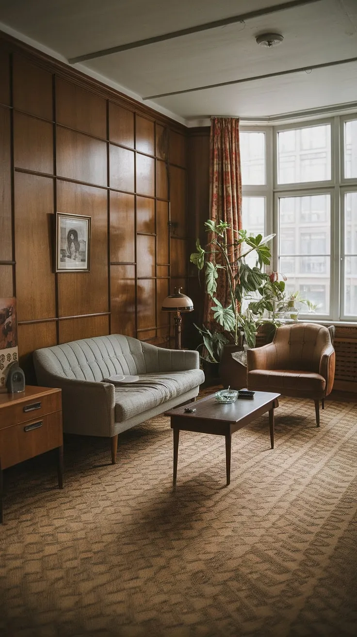 This charming vintage apartment whispers stories of the past. The warm glow of the lamp, the lush potted plant, and the carefully chosen furnishings all contribute to a sense of timeless sophistication. A truly captivating space, full of character and history.