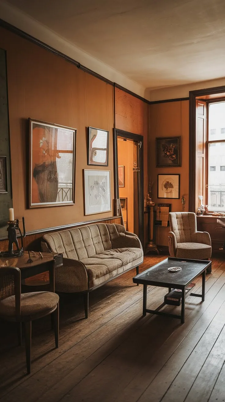Lost in the charm of this vintage apartment, where every detail speaks of a bygone era. The worn wood floors, the comfortable seating, and the carefully chosen artwork all contribute to a sense of warmth and inviting comfort. A true haven.