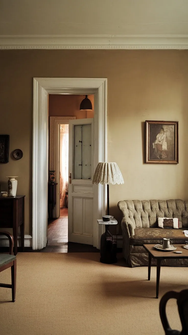 Step back in time in this charming vintage apartment. The warm beige walls, antique furniture, and soft lighting create a cozy atmosphere, perfect for unwinding after a long day. A sense of history permeates every detail, from the worn rug to the elegant lamp. A truly captivating space.