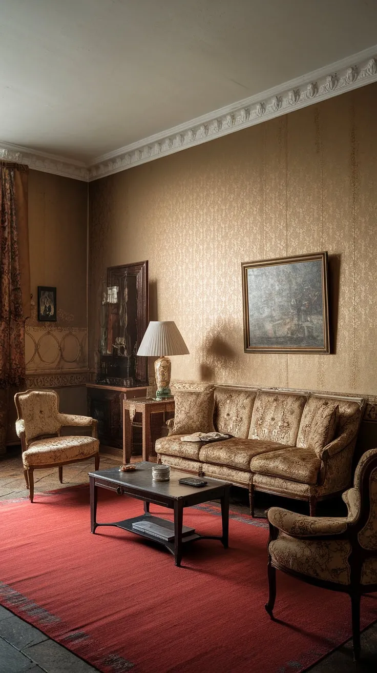 Step back in time to this vintage apartment, where the warm glow of the lamp on the a coffee table illuminates a cozy scene. The rich textures and colors create an atmosphere of timeless elegance.