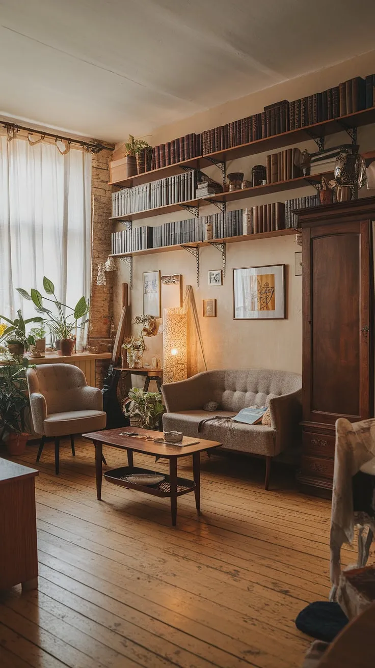 Step into a world of vintage charm and rustic elegance. This cozy apartment, with its warm wooden floors and thoughtfully curated bookshelves, offers a haven of tranquility. The perfect blend of comfort and character awaits.