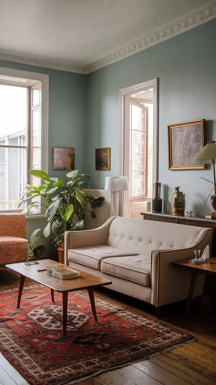 This vintage apartment's soft blue walls and warm wooden floors create a tranquil atmosphere, perfectly complemented by the beige sofa and patterned rug. The carefully chosen decorative pieces, including a vibrant green plant, add character and personality, making it a truly inviting space. A perfect blend of comfort and style.