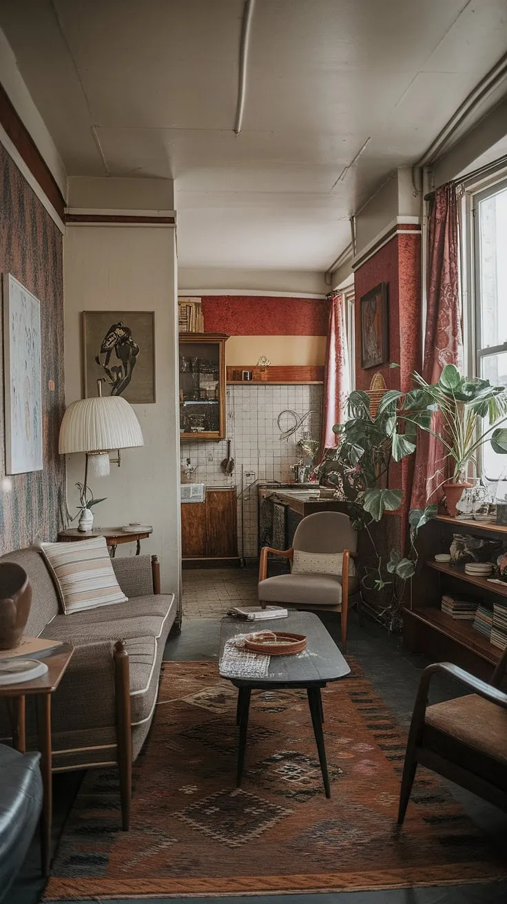 Sunlight streams through the window, illuminating the dust motes dancing in the air of this charming vintage apartment. A perfect blend of old-world charm and modern comfort, the space is a sanctuary of quiet elegance, where every detail, from the potted plant to the wooden shelf, speaks volumes about the personality of its inhabitant. A truly captivating home.