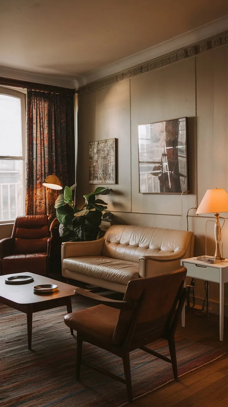 A sanctuary of calm, this vintage apartment invites you to unwind and appreciate the beauty of simpler times. The rich textures, the warm glow of the lamp, and the thoughtfully chosen artwork all contribute to a feeling of peaceful serenity. A testament to enduring style and comfortable living, it's a space where you can truly relax and recharge. A place to escape.