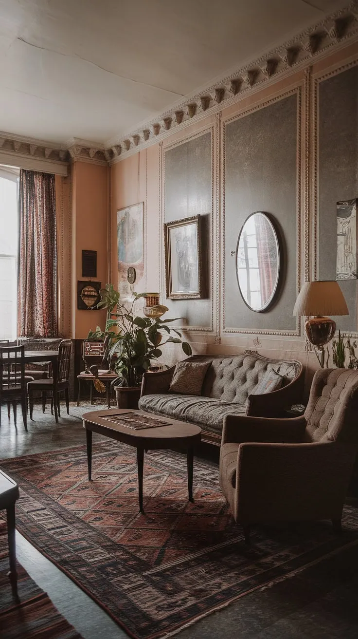 Step back in time in this charming vintage apartment, where rich textures and curated details create a haven of warmth and character. The carefully chosen furnishings, from the plush sofa to the antique dining set, tell a story of bygone elegance. A testament to timeless design.