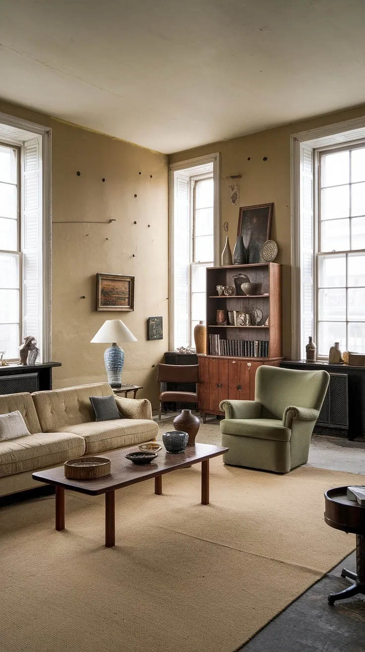 This vintage apartment, bathed in soft natural light, offers a tranquil escape. The aged walls, the comfortable furniture, and the carefully curated collection of books and decorative items create an atmosphere of warmth and understated elegance. A perfect haven for reflection and relaxation.