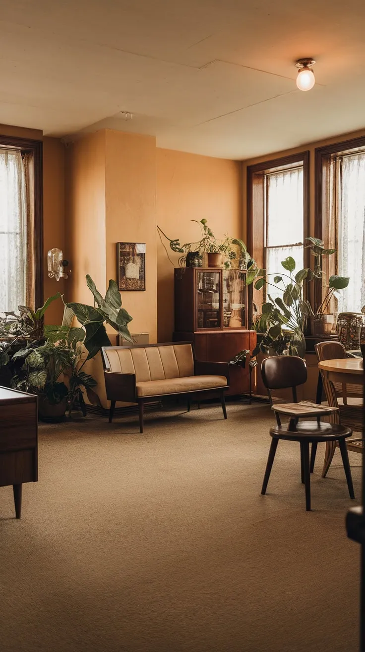 Warm light spills across the beige carpet, illuminating the rich tones of the dark wood furniture and the lush greenery. A sense of quiet comfort pervades this vintage apartment, a testament to timeless style and the enduring appeal of a well-loved home. A sanctuary of calm, a haven from the outside world, this space whispers stories of generations past.
