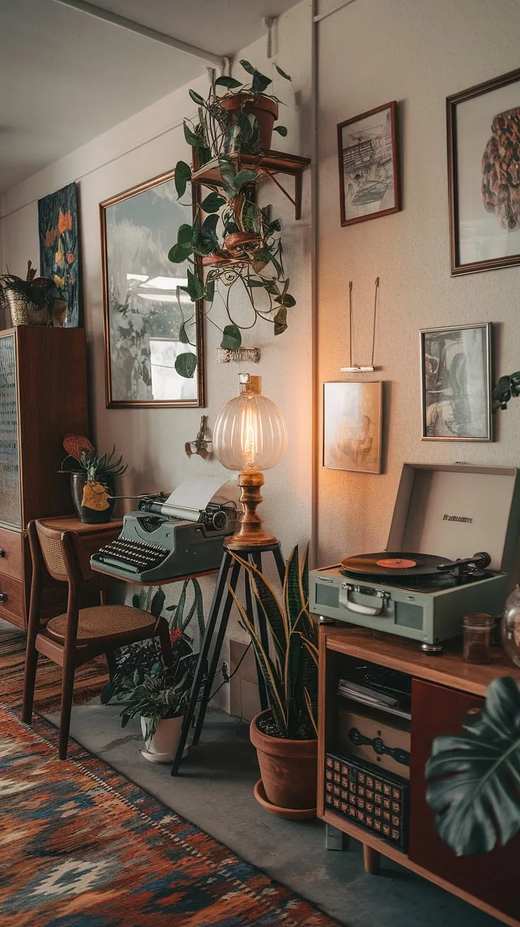 Lost in the warm glow of a bygone era, surrounded by the comforting click-clack of a vintage typewriter and the soulful melodies of a spinning record. This apartment whispers stories of creativity and quiet contemplation, a haven where time seems to slow down. A sanctuary of personal expression, filled with cherished objects and the comforting presence of a well-loved home.