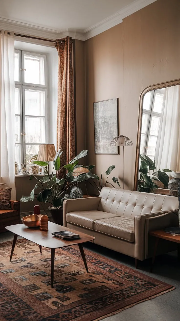 Sunlight streams through the sheer curtains, illuminating the warm beige tones of this vintage apartment. The comfortable sofa invites relaxation, while the carefully chosen decorative pieces, including potted plants and a large mirror, add character and a touch of understated elegance. A perfect sanctuary.