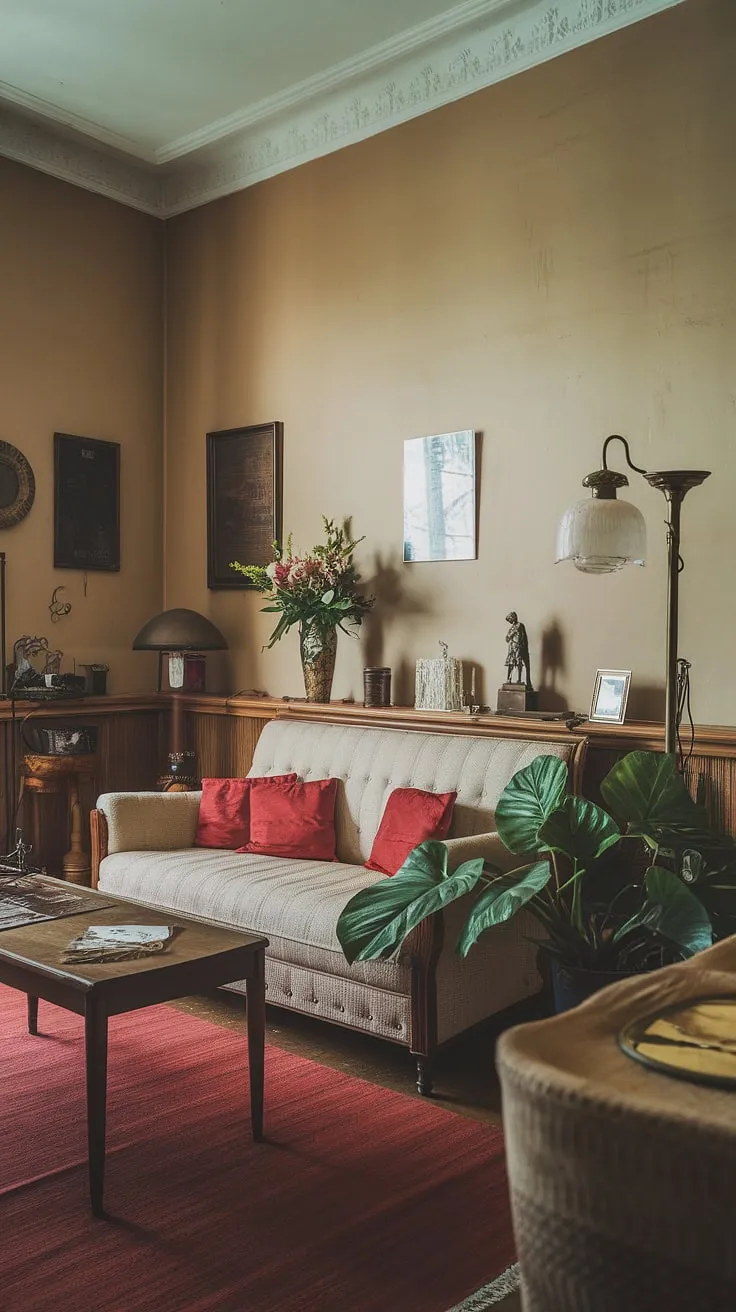 Stepping back in time, this vintage apartment whispers tales of elegance and comfort. The warm beige walls, punctuated by pops of red and green, create a haven of sophisticated simplicity. A testament to enduring style, this space effortlessly blends classic design with a lived-in charm.