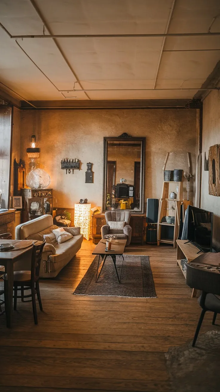 This vintage apartment is a testament to timeless elegance. A blend of rustic charm and comfortable living, the space boasts a warm ambiance enhanced by soft lighting and carefully chosen décor. The wooden floors and inviting seating arrangement create a perfect setting for conversation and relaxation. A haven of peace and tranquility.