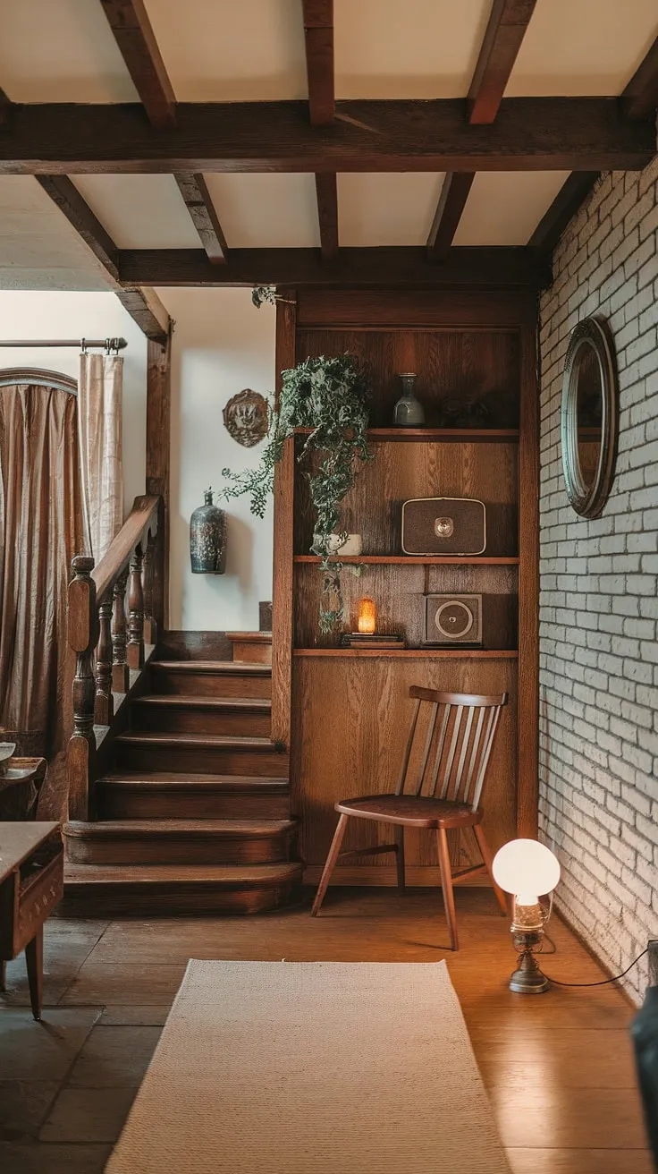This vintage apartment is a testament to timeless elegance. The rustic wooden staircase, exposed beams, and brick wall create an atmosphere of warmth and inviting nostalgia. A sanctuary of peace and quiet, filled with carefully curated details that speak to a life well-lived.