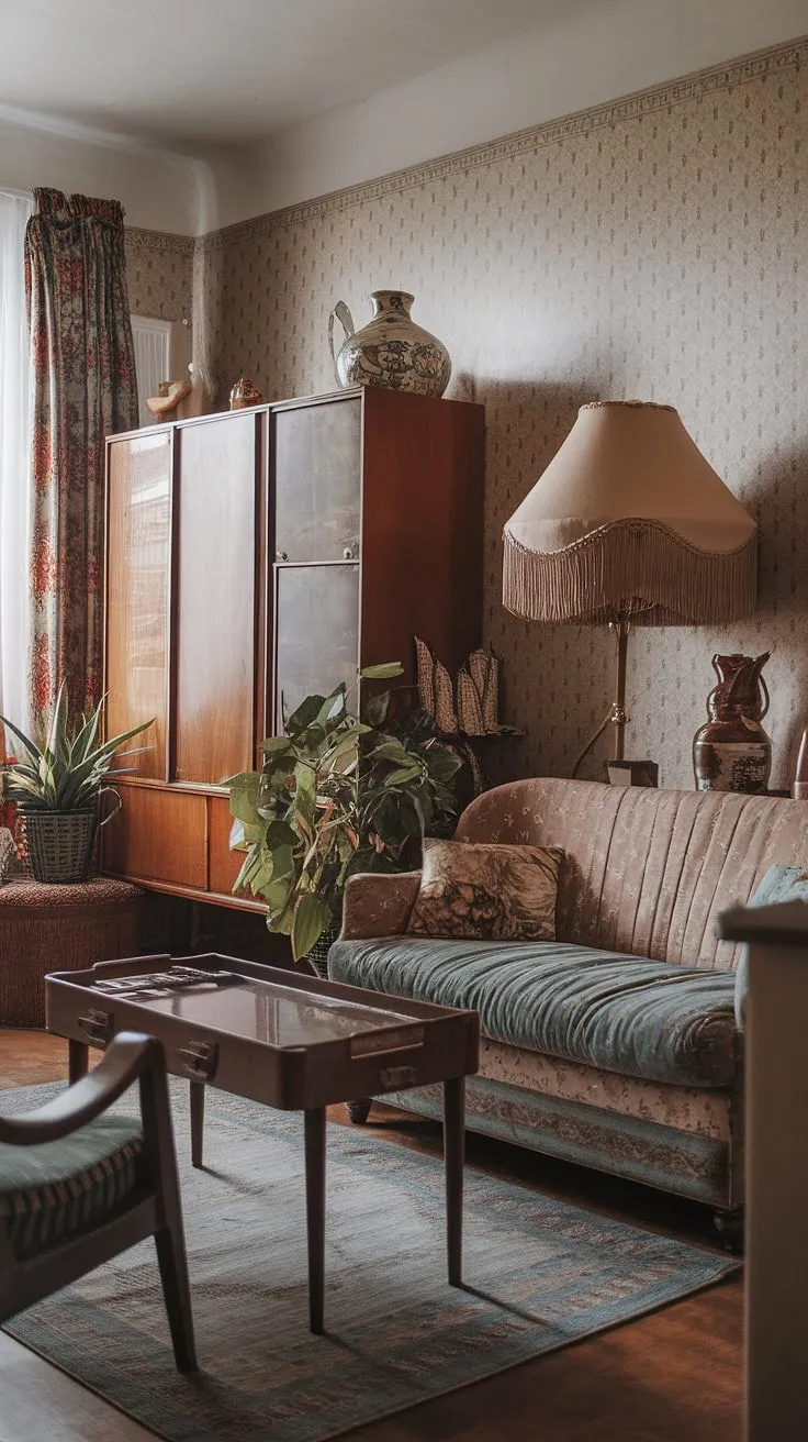 Step back in time in this charming vintage apartment, where the patterned wallpaper, fringed lampshades, and floral cushions create a cozy and inviting atmosphere. The rich textures and carefully curated details tell a story of bygone elegance. A testament to enduring style, this space effortlessly blends comfort and character.
