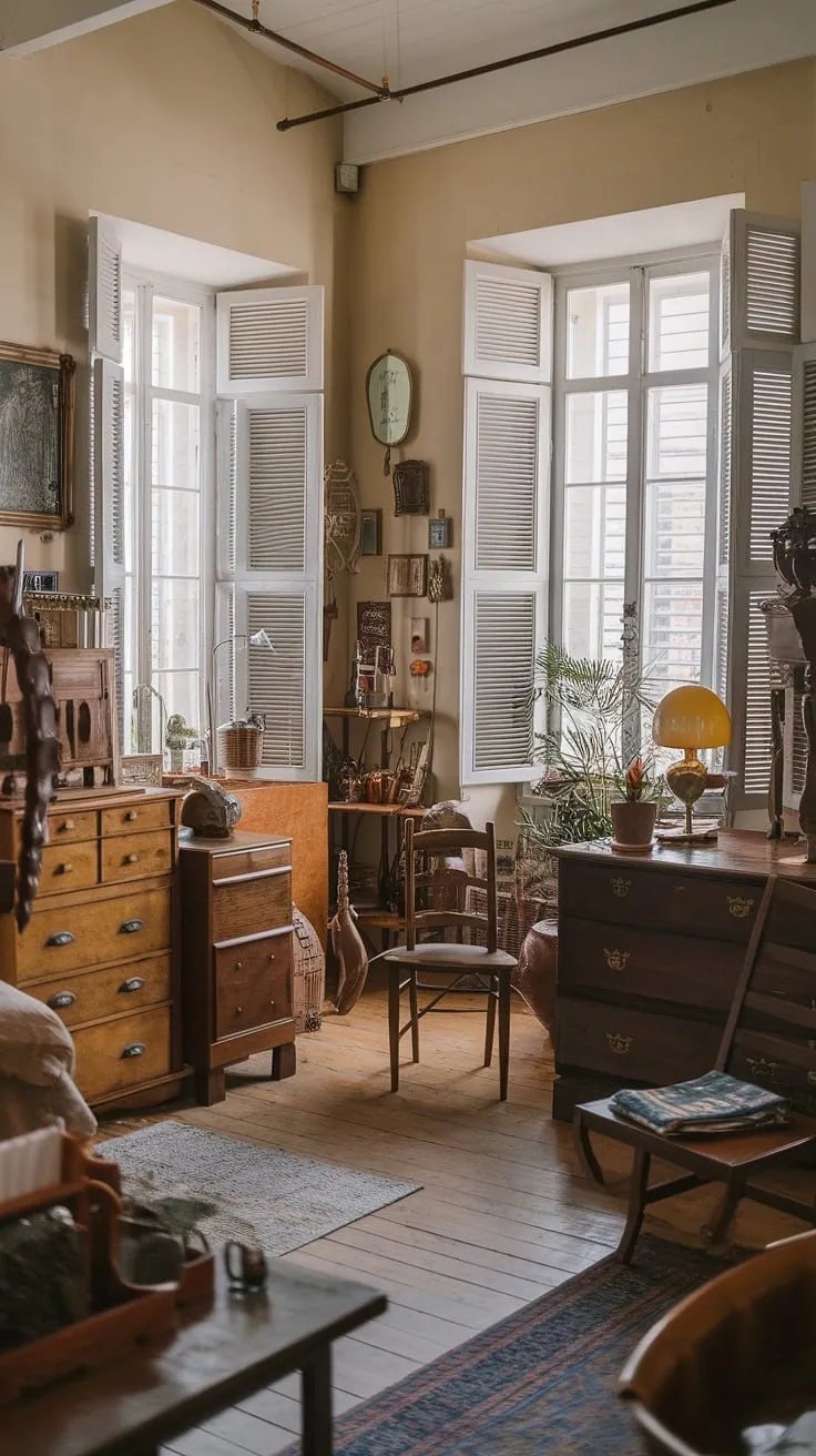 This sun-drenched haven, filled with the comforting presence of antique furniture and a flourishing plant, embodies a sense of timeless elegance. The carefully curated details, from the vintage lamp to the weathered wooden chair, create an atmosphere of peaceful tranquility.