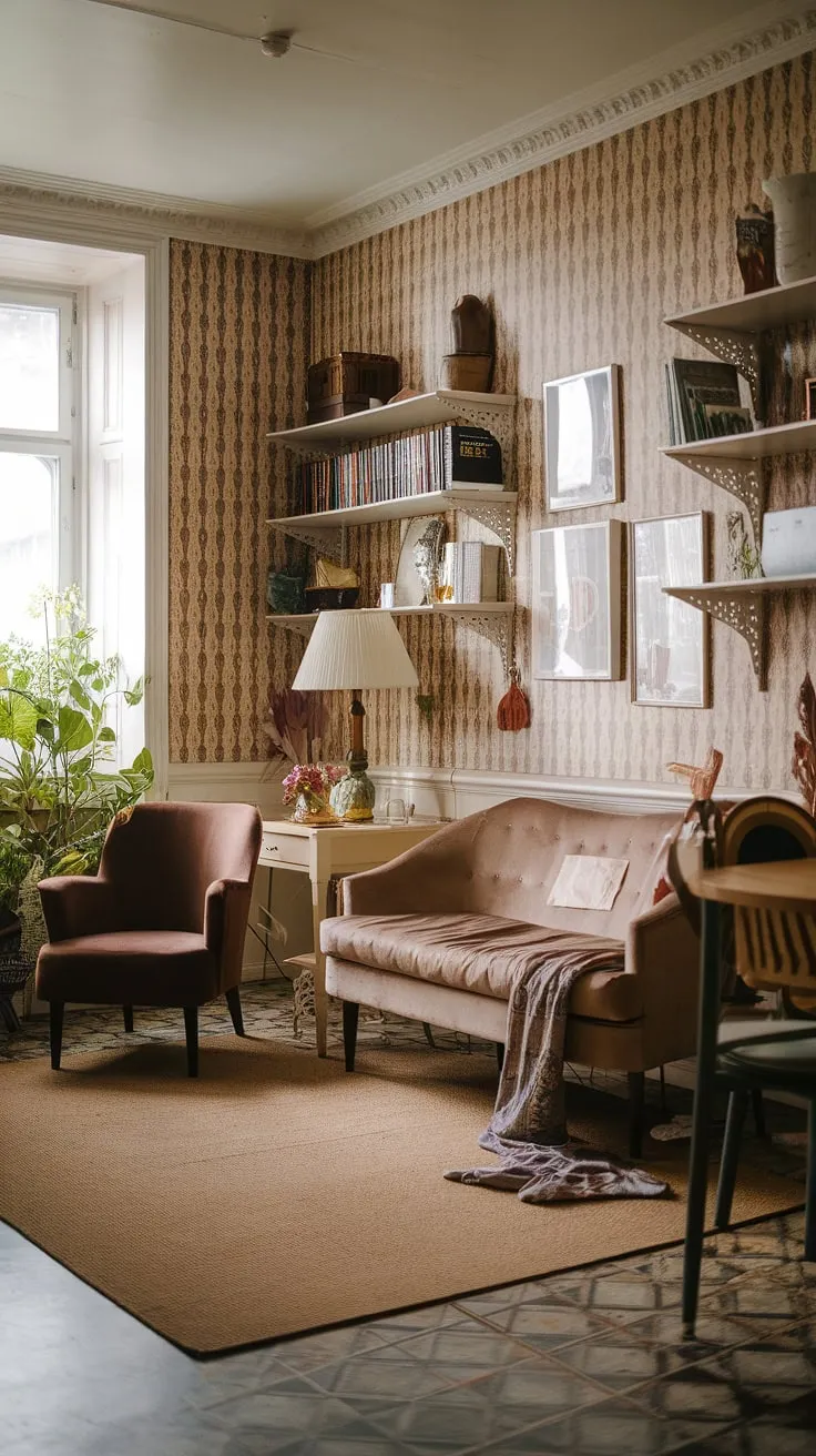 Sunlight streams through the window, illuminating the warm textures and eclectic mix of vintage and modern in this cozy apartment. The patterned wallpaper, comfortable seating, and carefully curated bookshelves create a haven of calm and understated elegance. A perfect blend of old-world charm and contemporary comfort.