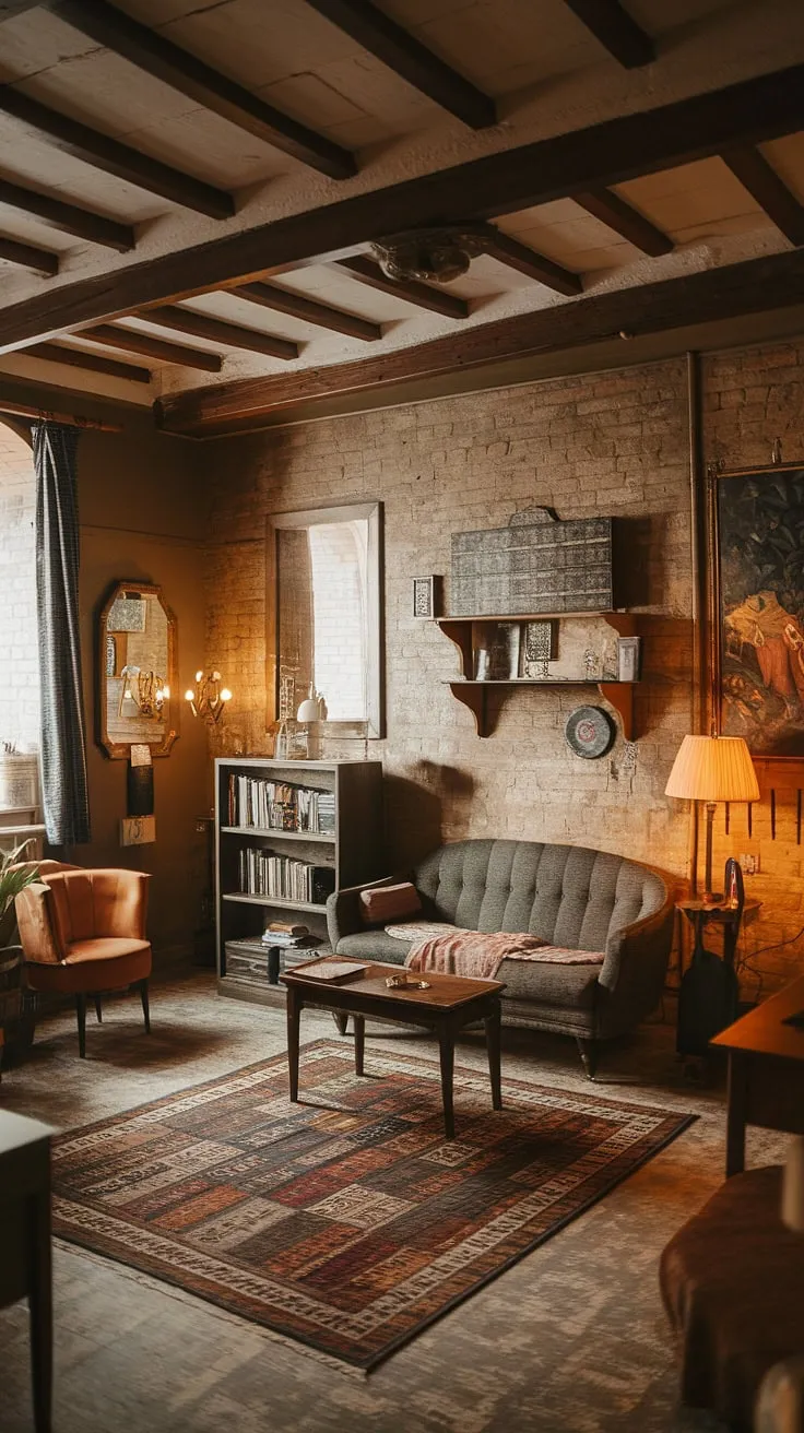 This rustic apartment is a testament to the beauty of vintage charm. The exposed brick, wooden beams, and thoughtfully chosen furnishings create a space that is both stylish and incredibly inviting. Every detail, from the patterned rug to the carefully placed artwork, contributes to the warm and cozy atmosphere. A perfect blend of old-world charm and modern comfort.