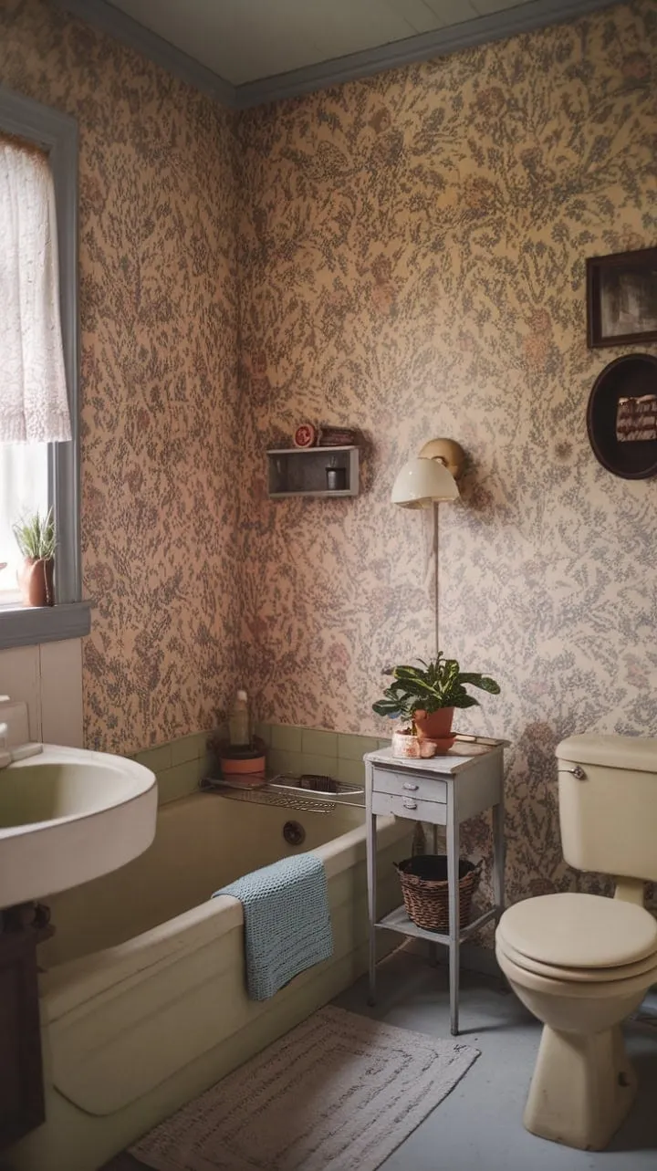 This vintage bathroom, adorned with floral wallpaper and bathed in soft lamplight, evokes a serene nostalgia, inviting you to unwind in its charming embrace.