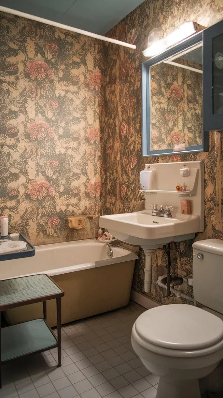 This charming bathroom, with its floral wallpaper and vintage fixtures, creates a tranquil retreat that beckons for moments of peaceful contemplation.