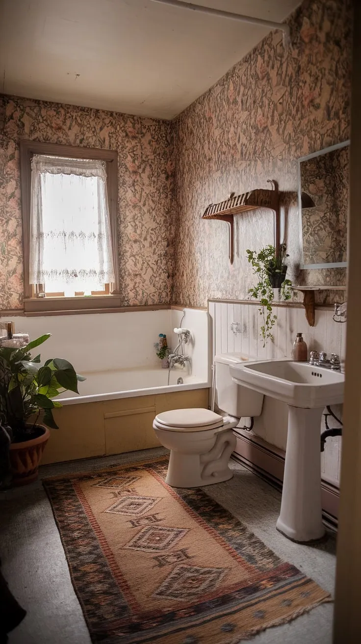 The floral wallpaper bathroom, with its old-fashioned fixtures and warm ambiance, captures the essence of a grandma bathroom in a delightful cottagecore style.