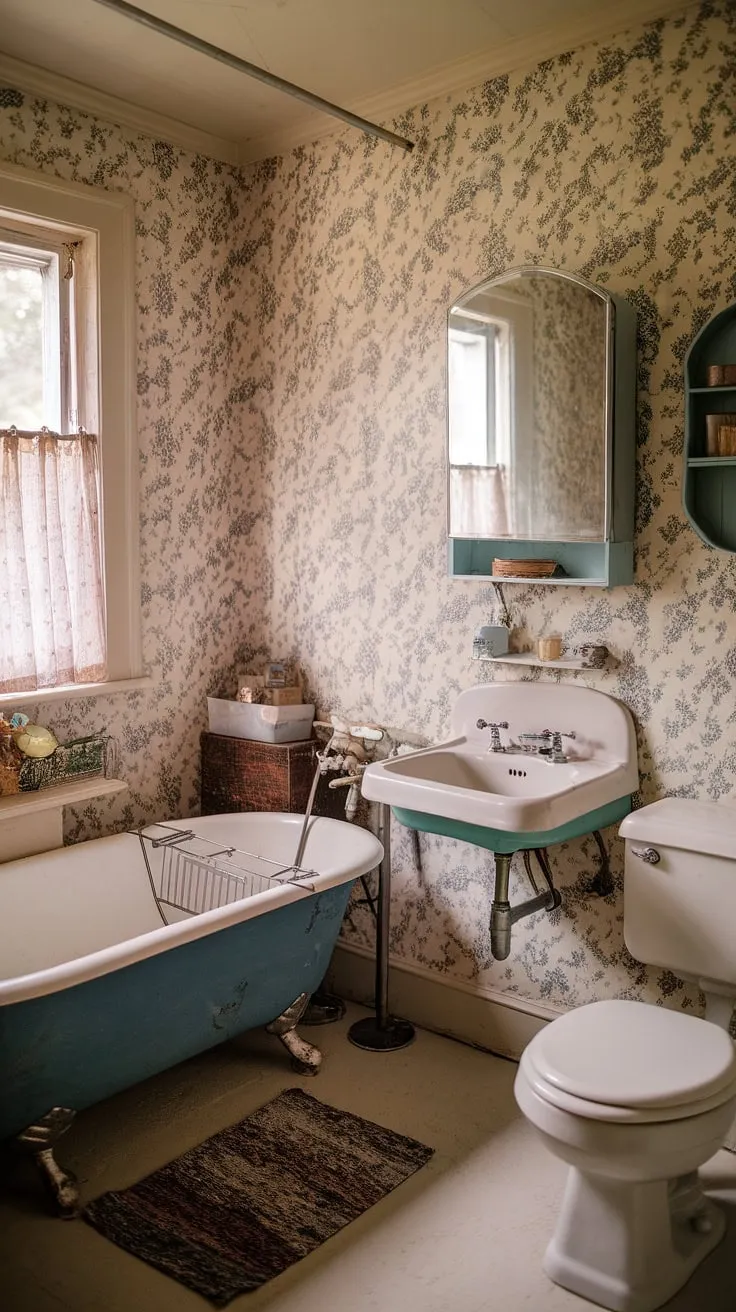 This cozy cottage bathroom features vintage wallpaper adorned with flowers, a clawfoot tub, and nostalgic decor, creating a charming grandmacore atmosphere.