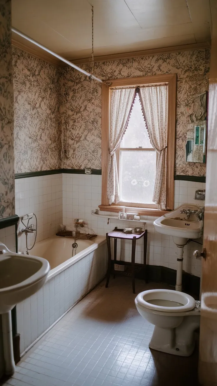 The vintage bathroom, adorned with flower wallpaper, captures the essence of a grandma bathroom, blending cottagecore charm with a warm, nostalgic feel.