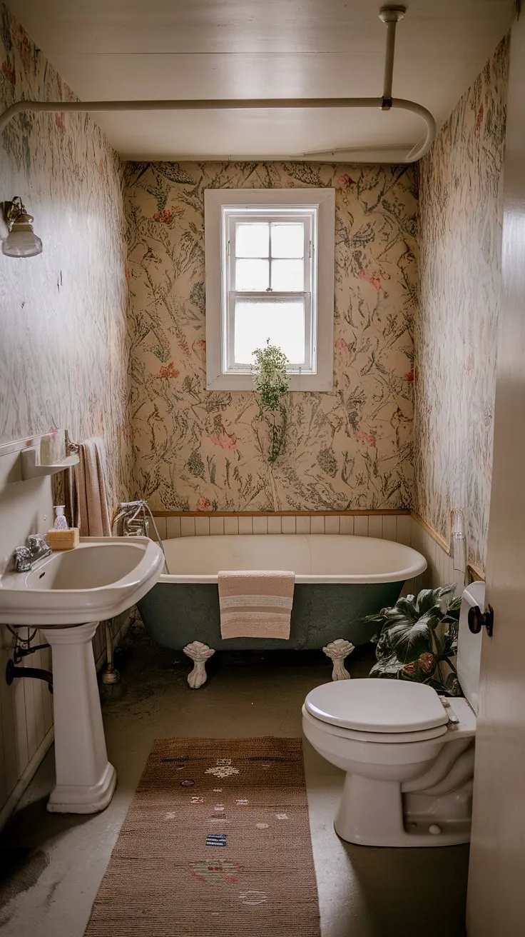 The floral wallpaper bathroom, complete with a pedestal sink and clawfoot tub, exudes an old-fashioned charm perfect for a cozy grandma bathroom.