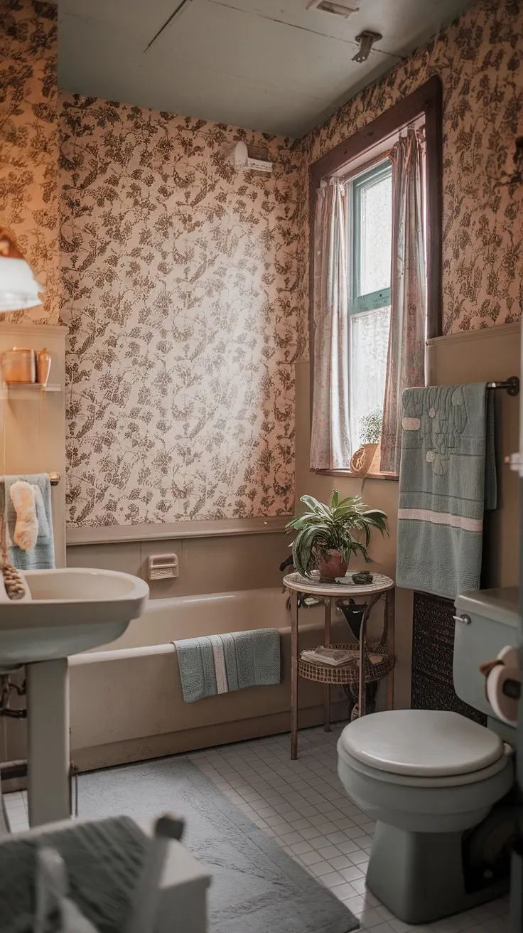 This cozy cottage bathroom features vintage floral wallpaper, evoking a grandmacore aesthetic with its nostalgic charm and charming decor.