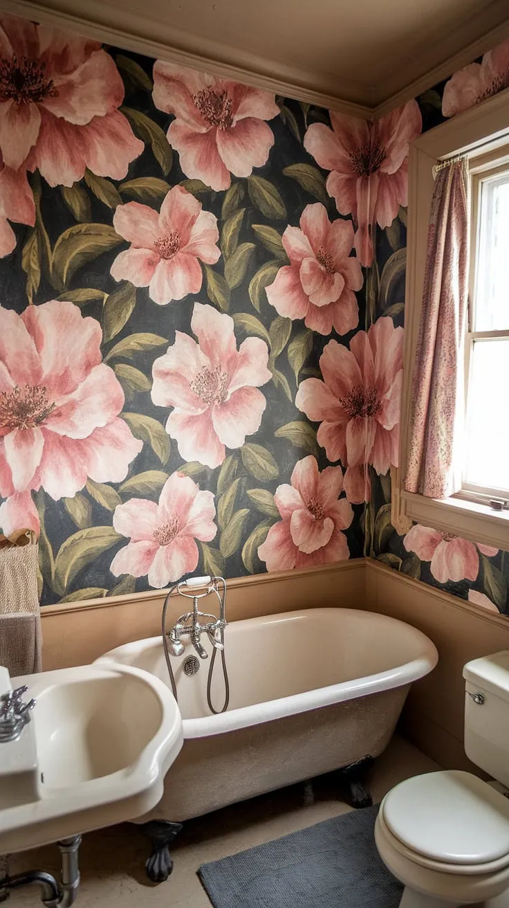 The vintage bathroom showcases a delightful flower wallpaper with a clawfoot tub and a warm hue, creating a nostalgic grandma bathroom atmosphere perfect for cottagecore enthusiasts.