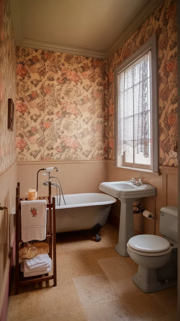 The floral wallpaper and warm hues create a nostalgic atmosphere in this old-fashioned bathroom, perfect for a grandma bathroom vibe.