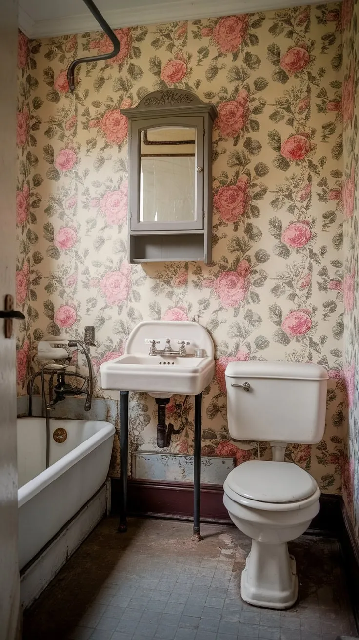 This vintage bathroom features charming floral wallpaper adorned with pink roses, creating a cozy cottagecore atmosphere with its old-fashioned fixtures and soft lighting.