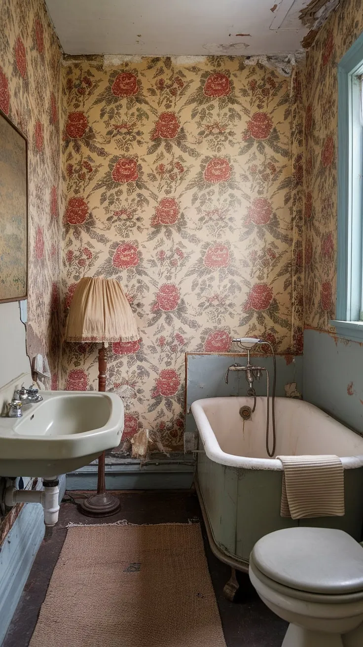 This cozy cottage bathroom features vintage wallpaper adorned with red roses, creating a charming grandmacore aesthetic in an old-fashioned setting.