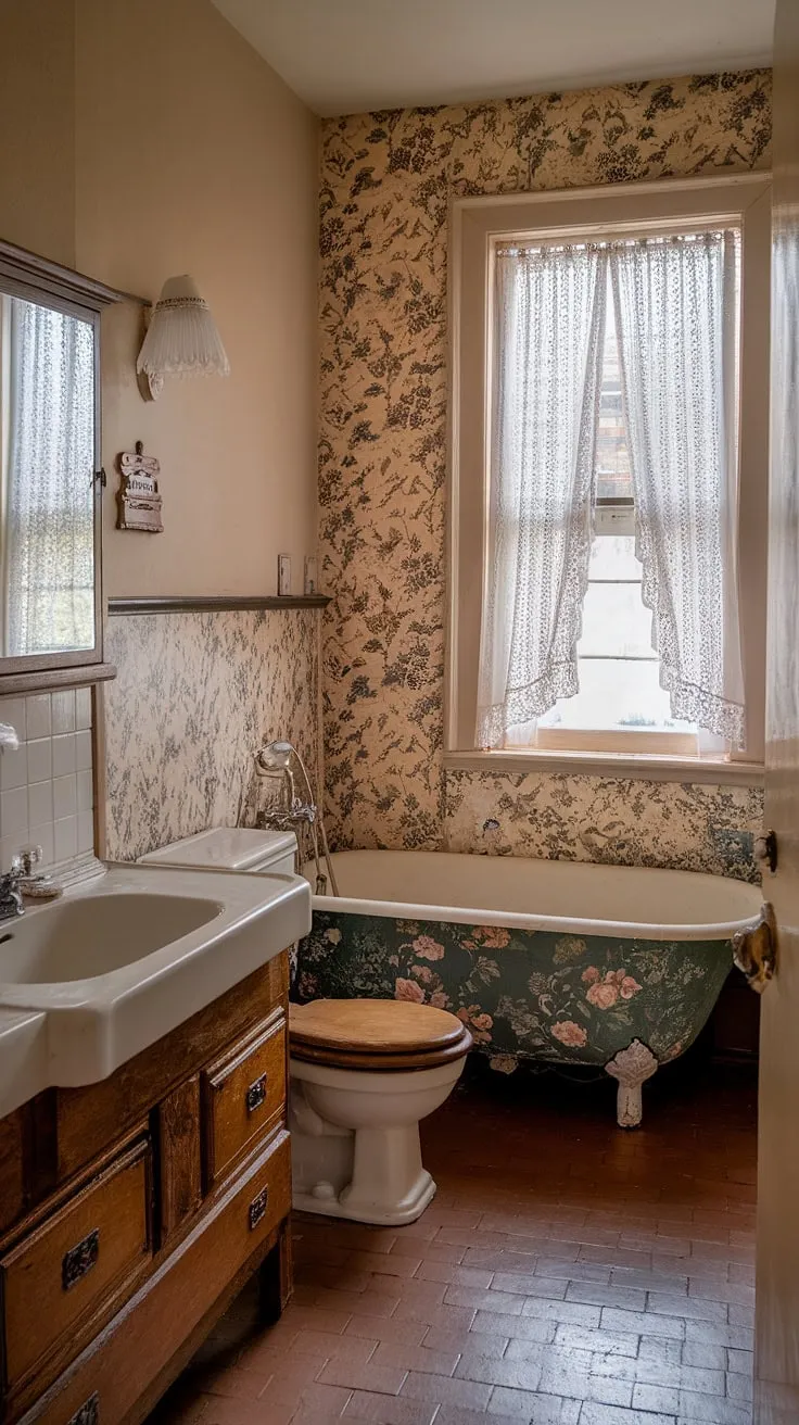 This cozy cottage bathroom features vintage floral wallpaper and a charming old-fashioned bathtub, creating a nostalgic grandmacore atmosphere.