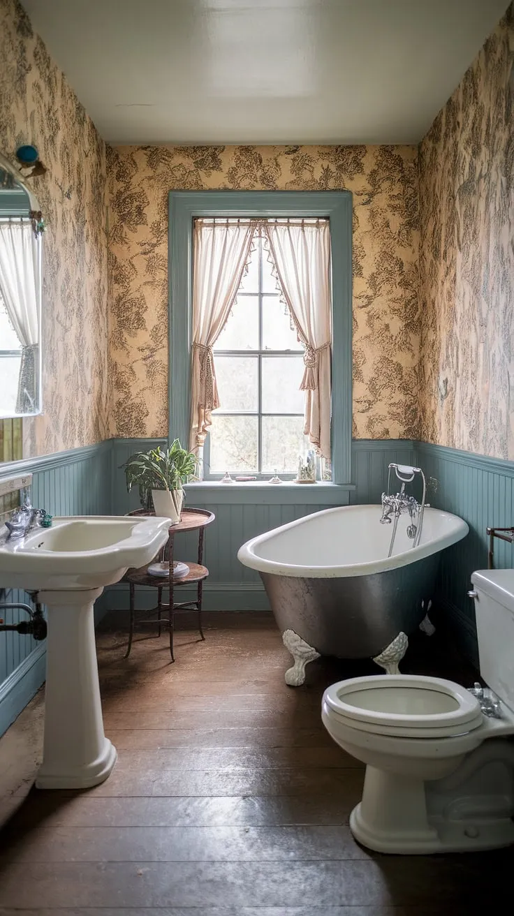 This cozy cottage bathroom features vintage floral wallpaper, a clawfoot tub, and charming decor that captures the essence of grandmacore and cottagecore aesthetics.