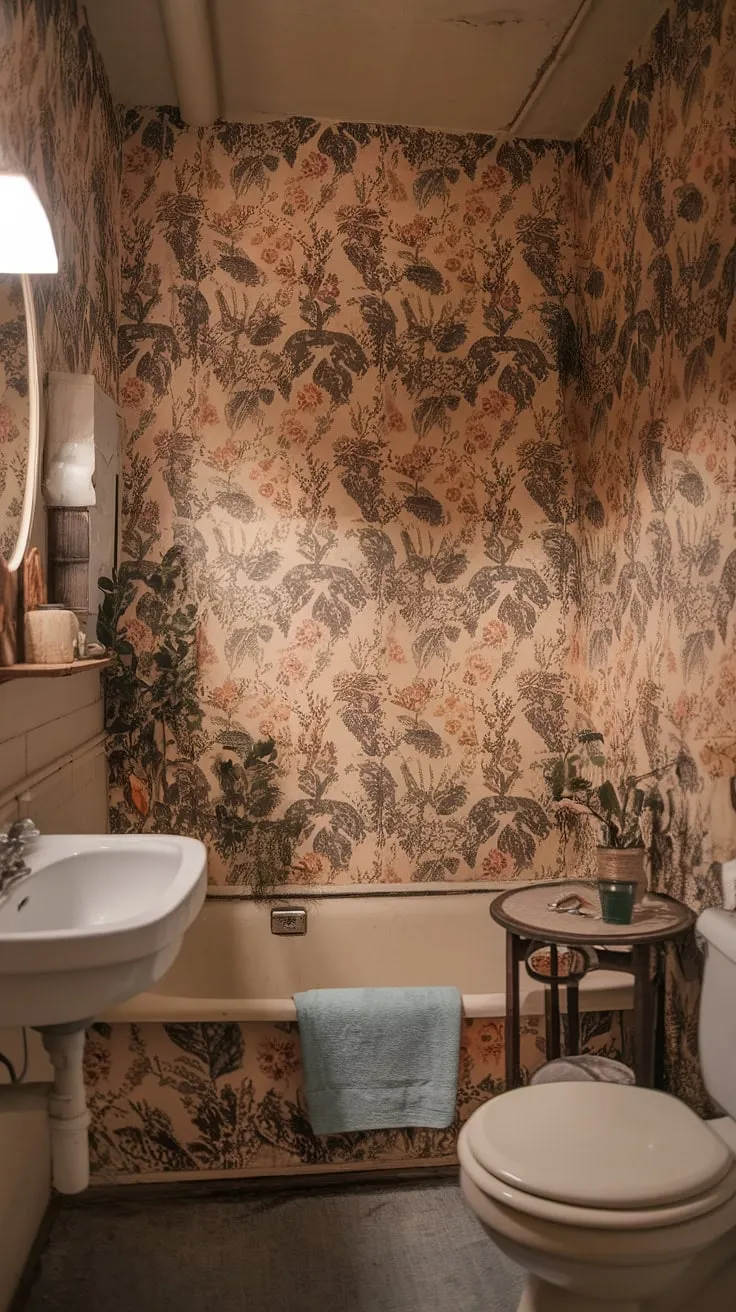 This cozy vintage bathroom features charming floral wallpaper, a classic tub, and quaint decor, perfectly embodying the grandmacore and cottagecore aesthetics.