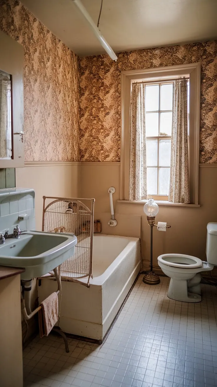 The vintage bathroom, adorned with flower wallpaper and old-fashioned fixtures, creates a warm and inviting atmosphere reminiscent of a grandma's cozy retreat.